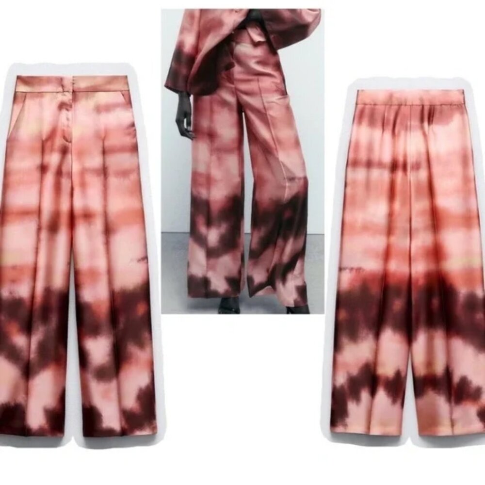 Zara Tie-Dye Print Satin Effect Wide Leg Trousers